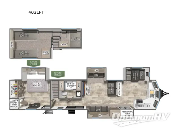 2025 Palomino Puma Destination 403LFT travel trailer floorplan diagram — Triple C Camper Consignment