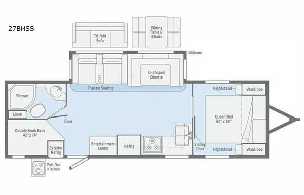 2018 Winnebago Mini Plus 27BHSS Bunkhouse travel trailer floorplan diagram — Triple C Camper Consignment