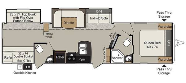 2017 Keystone Passport 3350BH 2 Bed | 2 Bath travel trailer floorplan diagram — Triple C Camper Consignment