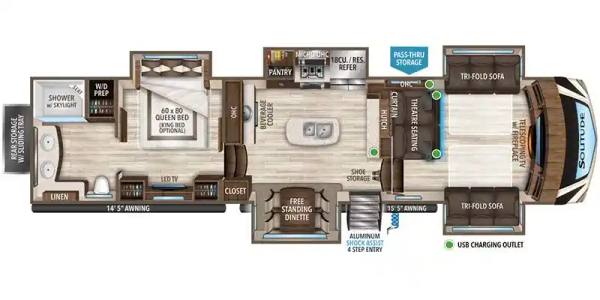 2021 Grand Design Solitude 385GK Rear Living fifth wheel floorplan diagram — Triple C Camper Consignment