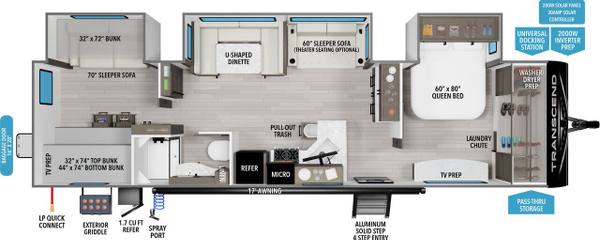 2025 Grand Design Transcend 335BHT Quad Bunkroom travel trailer floorplan diagram — Triple C Camper Consignment